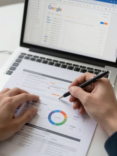 Close-up overhead view of hands annotating a printed campaign analytics report on a desk, a laptop screen showing a Google Ads dashboard in the background, north-facing daylight, clean workspace, no glare on screen