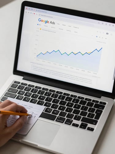 Close-up overhead of a laptop screen displaying Google Ads campaign interface, CTR trend graph visible in the upper half, a hand resting near the trackpad with a pencil annotation on a printed report beside the keyboard, clean studio light from the left, no glare