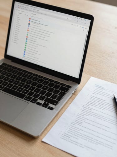 Overhead view of a desk workspace in natural light, a laptop screen showing a Google Ads campaign interface with ad group structure visible, a printed report with handwritten annotations beside it, clean and editorial