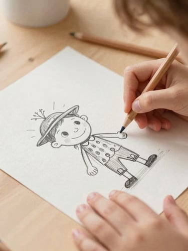 Overhead macro shot of a children's illustrator's desk, hands holding a colored pencil sketching a whimsical character on textured paper, soft warm morning light, cozy studio setting, 35mm