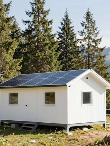 Bright high-exposure outdoor photography, a clean modern alpine basecamp cabin with solar panels in a sunlit pine forest, crisp morning daylight, high-key wilderness aesthetic