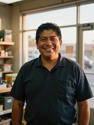 Warm editorial portrait of a Latino shopkeeper smiling proudly inside his local hardware store in Orange County, beautiful natural golden-hour light filtering through the window, authentic and dignified, 35mm