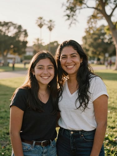 A warm, candid portrait of a Latina mother and her teenage daughter smiling together in a sun-drenched Orange County park, golden-hour light, 35mm