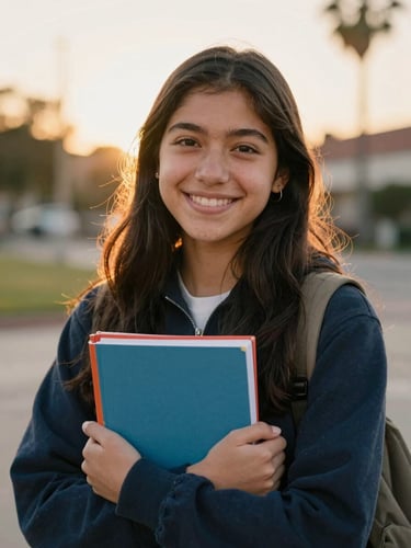 A warm editorial portrait of a young Latina student holding books, smiling confidently outdoors in Orange County under soft golden-hour sunlight