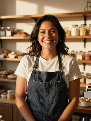 Warm editorial portrait of a smiling Latina business owner in her local bakery in Orange County, authentic and dignified expression, beautiful natural golden-hour light, 35mm