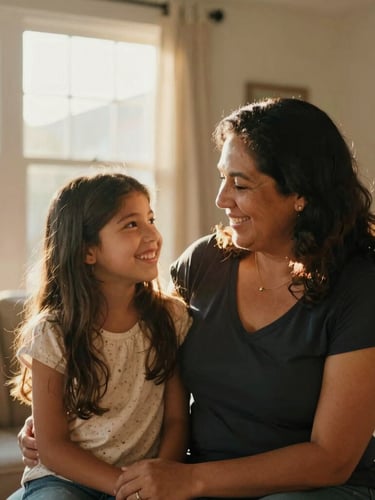 Warm candid photo of a Hispanic mother and daughter smiling inside their bright living room, soft golden hour sunlight filtering through a window, 35mm editorial photography