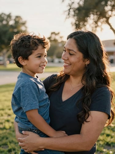 Warm editorial photography of a Latino mother and her young son smiling together in a sunny park in Santa Ana, California, soft golden-hour light, authentic moment, 35mm