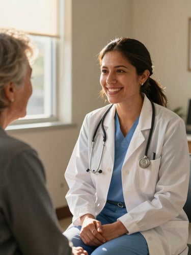 A warm, smiling Latina doctor in a bright, sunlit community clinic in Orange County, talking gently to an elderly patient, natural golden-hour light, 35mm