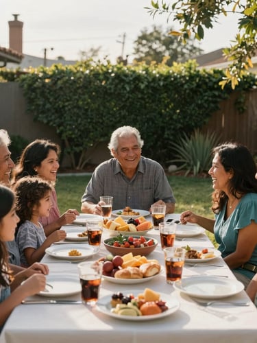 A candid medium shot of a multigenerational Hispanic family sharing a meal in a sunny backyard in Orange County, laughing in warm natural daylight