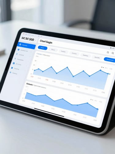 Close-up of a financial dashboard on a tablet screen, clean modern office desk background, natural daylight, cool blue tones