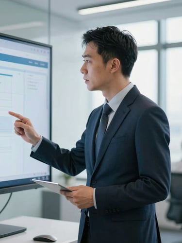 Professional consultant in a modern corporate environment, discussing data on a screen, natural side light, shallow depth of field