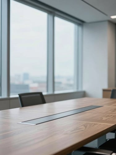 A clean, modern corporate office interior with floor-to-ceiling windows, soft daylight casting cool blue tones on a structured wooden boardroom table, shallow depth of field, 35mm