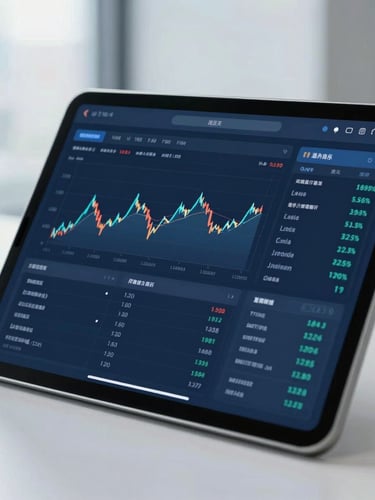Close-up of a modern financial dashboard on a tablet screen in a bright corporate office, clean daylight, cool blue tones