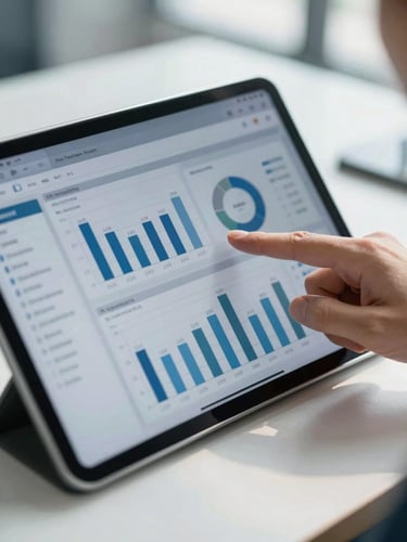 Close-up of a high-end financial dashboard displayed on a sleek tablet screen, natural daylight reflecting off the glass, a consultant's hand pointing at structured data charts, professional atmosphere, cool steel tones, shallow depth of field