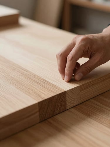 Manos de ebanista trabajando con una gubia sobre un tablón de madera maciza, luz natural cenital, enfoque en el detalle del corte.