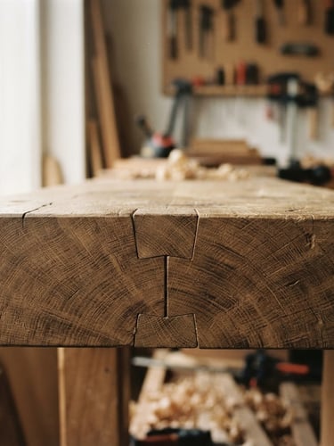 Primer plano de un ensamble de cola de milano expuesto en una mesa monumental de roble macizo, luz lateral suave de taller, enfoque en la textura de la madera.