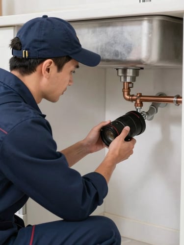 A professional plumber in a clean navy uniform repairing copper water pipes under a kitchen sink, bright natural daylight, sharp focus 35mm lens