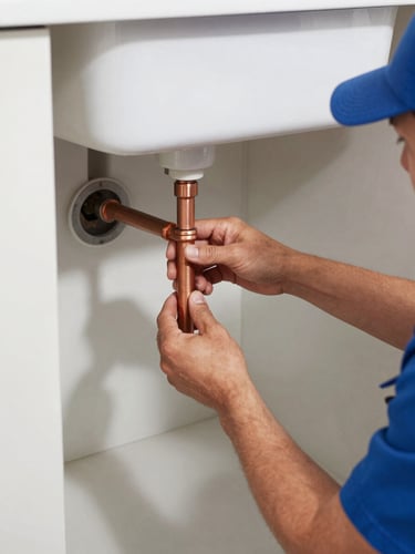 A real environmental photo of a licensed plumber carefully installing copper piping under a residential sink, bright natural daylight, high-contrast true colors, sharp focus, 35mm lens
