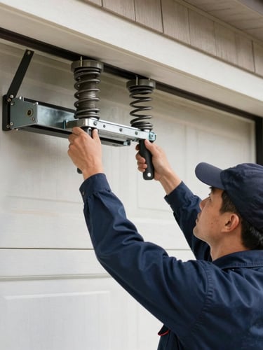 A certified garage door technician in a clean navy uniform adjusting heavy-duty steel torsion springs above a residential garage door, bright natural daylight, sharp focus, 35mm lens.
