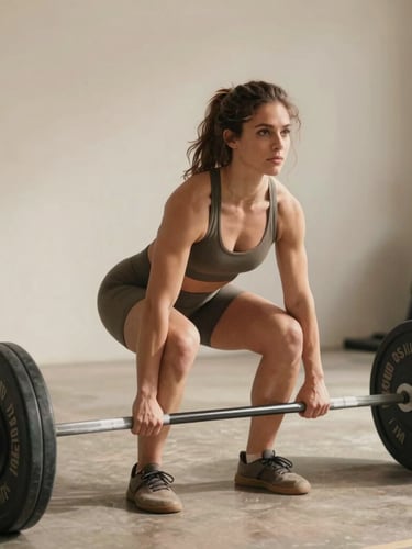Warm editorial photography of a focused woman performing a deadlift with correct form, natural daylight, soft shadows, muted earth tones, 35mm