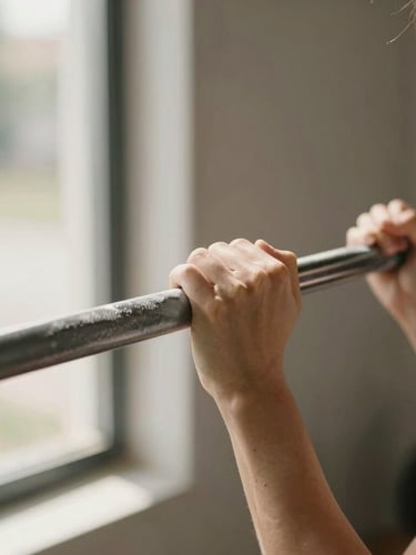 Close-up of a woman's hands with chalk gripping a steel barbell, warm natural daylight streaming through a window, shallow depth of field, 35mm
