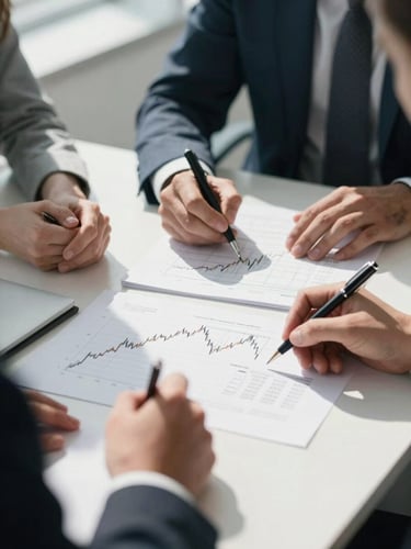 Close-up of a collaborative strategy session over financial models on a clean slate table, bright indirect daylight, sharp contrast