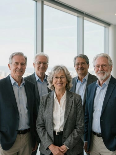 Environmental portrait of senior financial advisors in a modern San Jose office, natural window light, cool desaturated tones, 35mm lens
