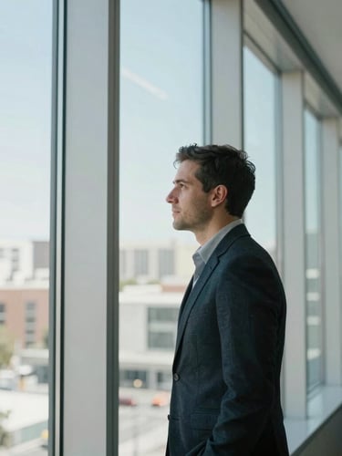 Environmental portrait of a founder looking out a large window in a modern San Jose office, bright indirect daylight, cool desaturated tones with sharp contrast, 35mm lens, editorial style