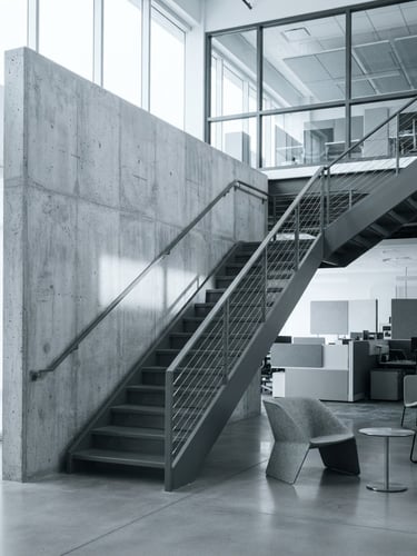 Modern architectural detail of a Silicon Valley workspace interior, clean concrete and steel lines, bright indirect daylight, cool desaturated tones, sharp contrast, editorial style