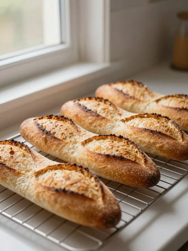 Warm editorial photography of golden-brown baguettes cooling on a simple wire rack, soft kitchen window light, shallow depth of field, 35mm