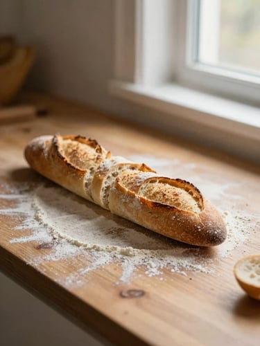 Warm editorial photography of a golden-brown baguette sliced on a flour-dusted wooden table, soft window light, shallow depth of field, 35mm