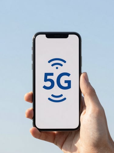 A modern smartphone held in hand displaying full 5G signal bars against a clean, bright sky, minimalist composition, daylight, 35mm