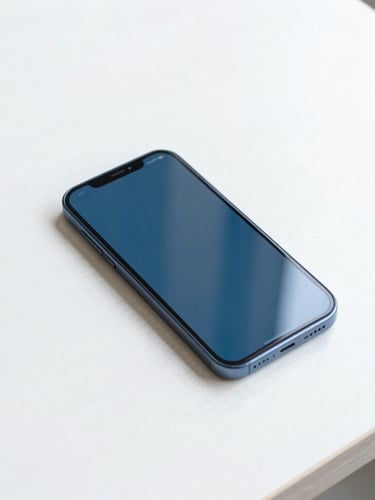 Straight-on clean minimalist photograph of a modern smartphone resting on a white wooden table, bright daylight showing full signal bars, blue and white tones, crisp focus, 35mm