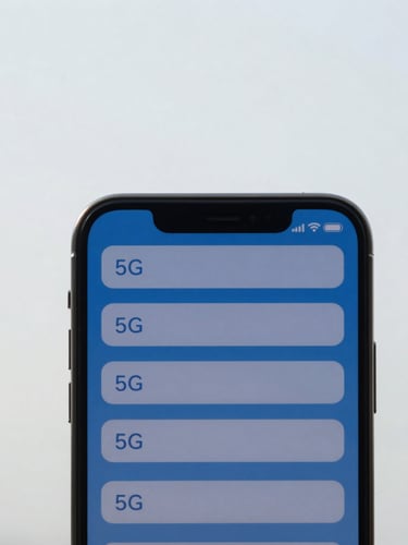 A close-up photograph of a modern smartphone showing full 5G signal bars against a clean, bright neutral sky, 35mm