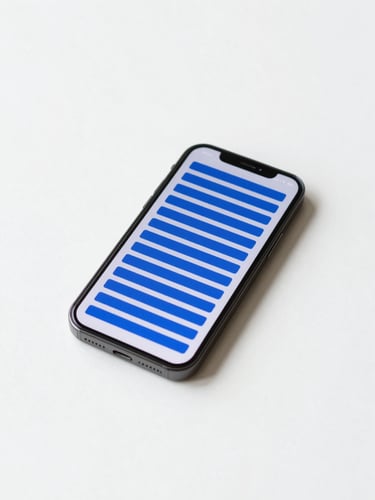 A modern smartphone lying flat on a white desk, displaying crisp signal strength bars, bright neutral daylight, minimalist composition