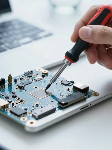 Macro shot of a clean technical workspace, hands holding a precision screwdriver over a disassembled metallic laptop motherboard, bright daylight, cool blue tones