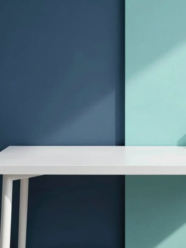 Clean editorial photography of a modern minimalist workspace, bright natural daylight, soft navy and teal tones, sharp focus, 35mm