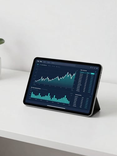 Clean editorial photography of a modern minimalist workspace with a tablet displaying precise financial charts, bright natural daylight, soft navy and teal accents, 35mm.