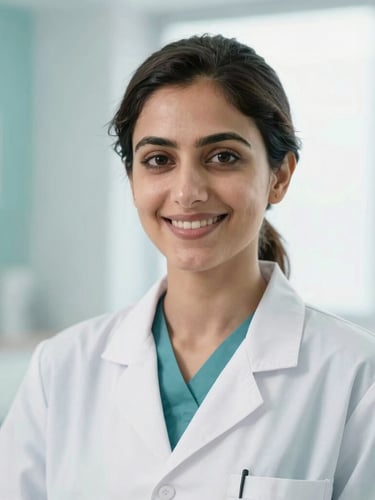 Professional close-up portrait of female physiotherapist Dr. Aqsa Waheed in a bright, modern clinic, smiling confidently, clean clinical photography, soft teal and white tones.