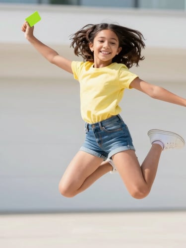 Action portrait of a preteen girl smiling mid-jump, holding a lime green card, bright natural daylight, shallow depth of field.