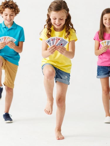 Vibrant action shot of a family laughing and balancing on one foot while holding colorful playing cards, bright natural daylight, high-key studio lighting.