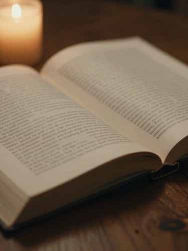 Close-up of an open literary book on a dark wooden table, warm candle light, textured paper visible, cinematic shallow depth of field, 35mm film grain.