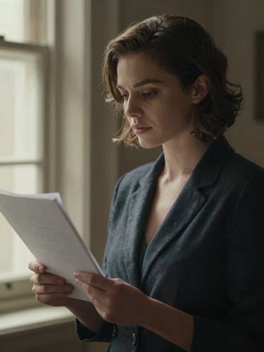 Cinematic portrait of a female writer-actress holding an annotated script, dramatic side light from a window, warm muted tones, shallow depth of field, 35mm film grain.