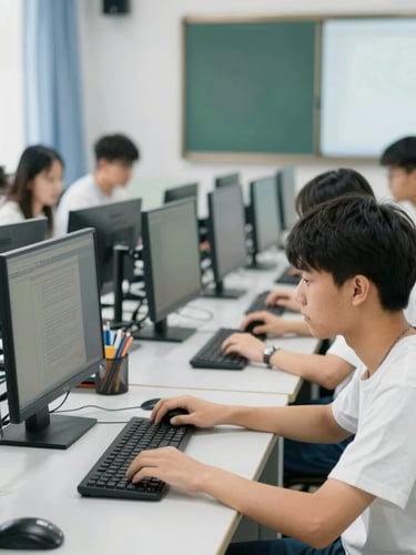 Bright natural daylight shot of students working in a modern computer lab, hands-on learning, clean institutional environment, 35mm lens