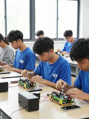 Bright technical workshop with students assembling hardware components under bright natural daylight, clean institutional environment, realistic documentary style.
