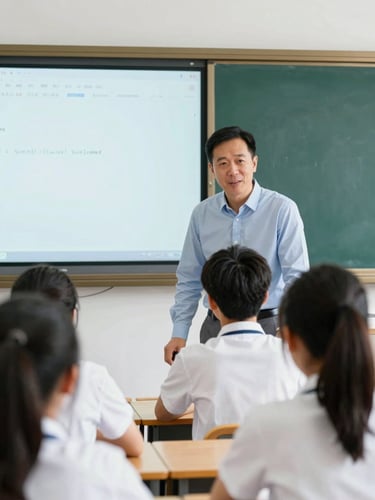 A mentor guiding a student in front of a computer screen, bright natural daylight, clean classroom environment, professional framing