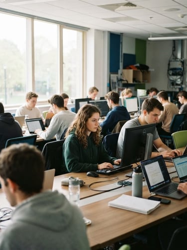 Bright classroom setting with young adult students focused on computer screens, natural daylight coming from side windows, 35mm lens shot