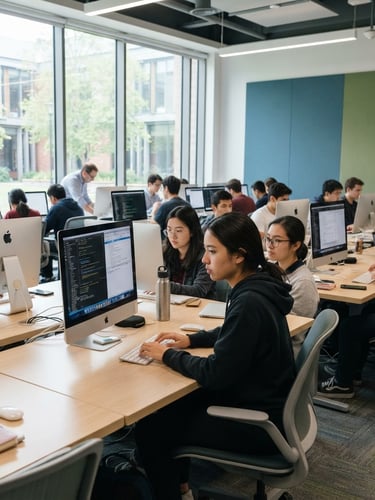 Bright classroom setting with students working on modern computer terminals, natural daylight from large windows, professional academic atmosphere, 35mm lens