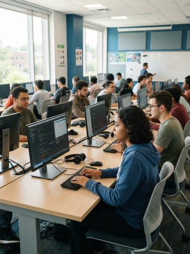 Bright classroom setting with young adults learning computer skills on modern desktops, natural daylight, professional blue and green tones