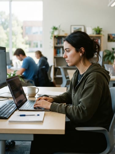 A student working at a computer station in a bright, modern classroom, natural daylight illuminating the workspace, focused expression, 35mm lens documentary style.